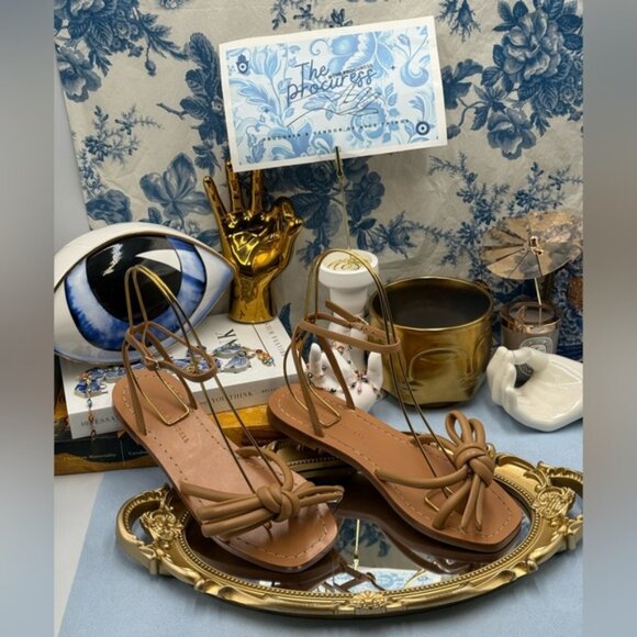 🆕 LOEFFLER RANDALL 🧿 NWOB Henriette Leather Bow Flat Sandal, Dune - Sz 7 - Picture 2 of 13